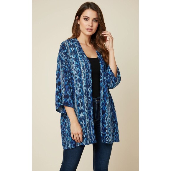 Women's Cardigan Small Blue Geometric Print NWT Open Front Lightweight Sweater - Picture 1 of 7